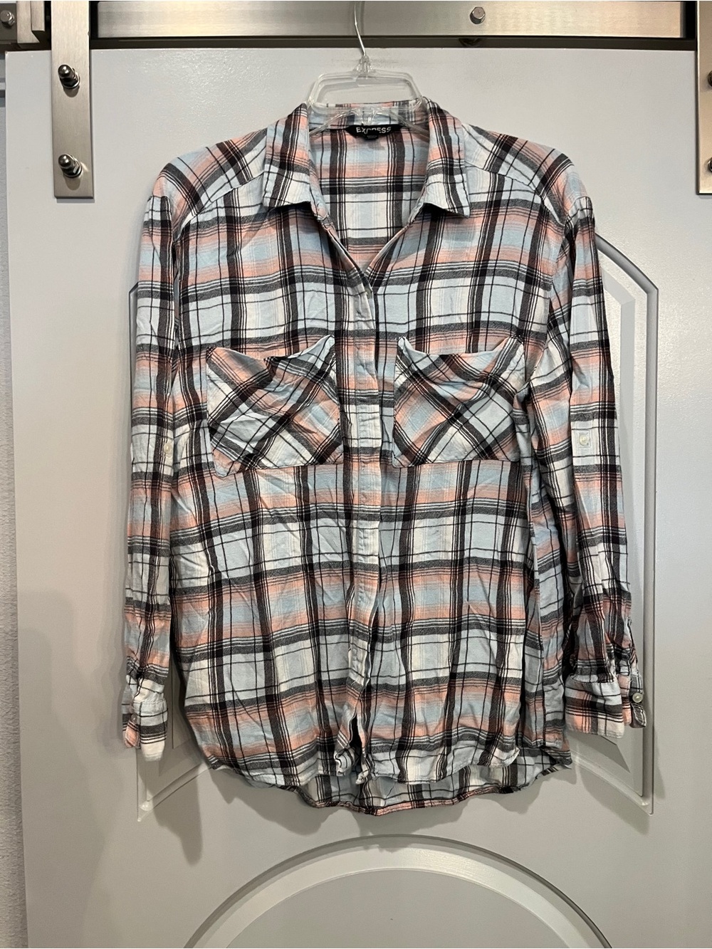 Express pastel baby blue, Black and Coral Plaid Button-Down flannel Shirt.
